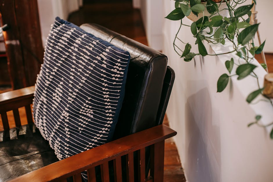 From above of comfortable chair with soft pillow placed in cozy living room with green plant